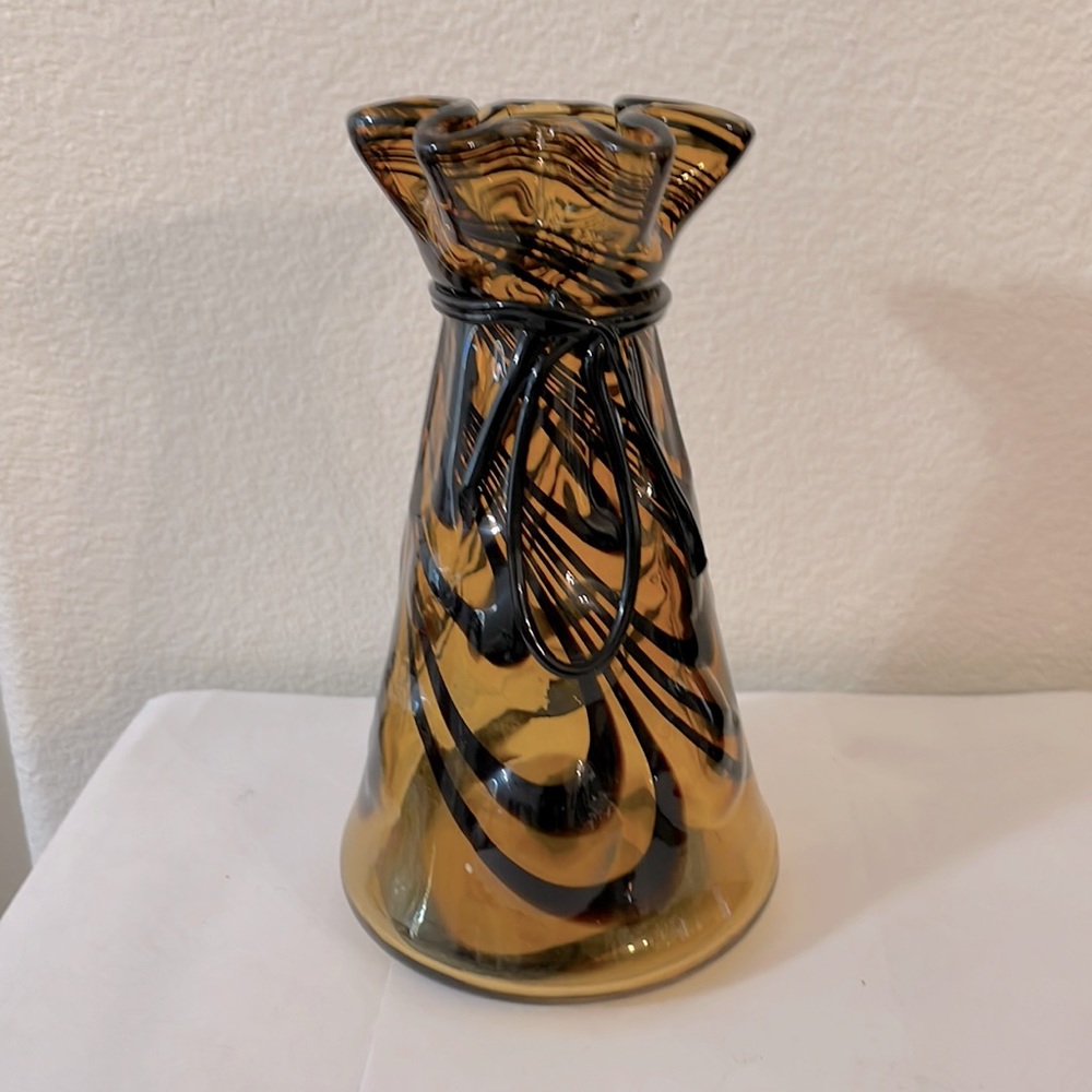 Vintage Amber blown glass black rim & trim Vase